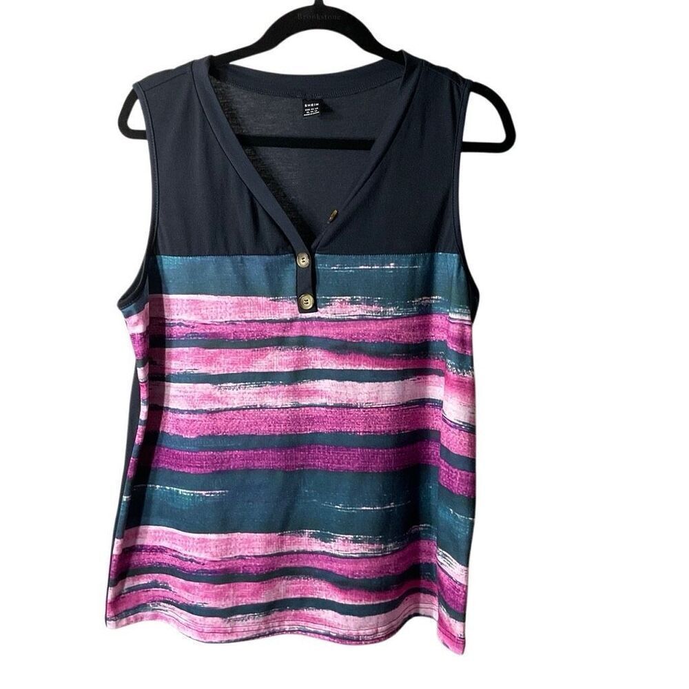 Shein Womens Striped Button Detail Tank Black Pink Size XL NWOT